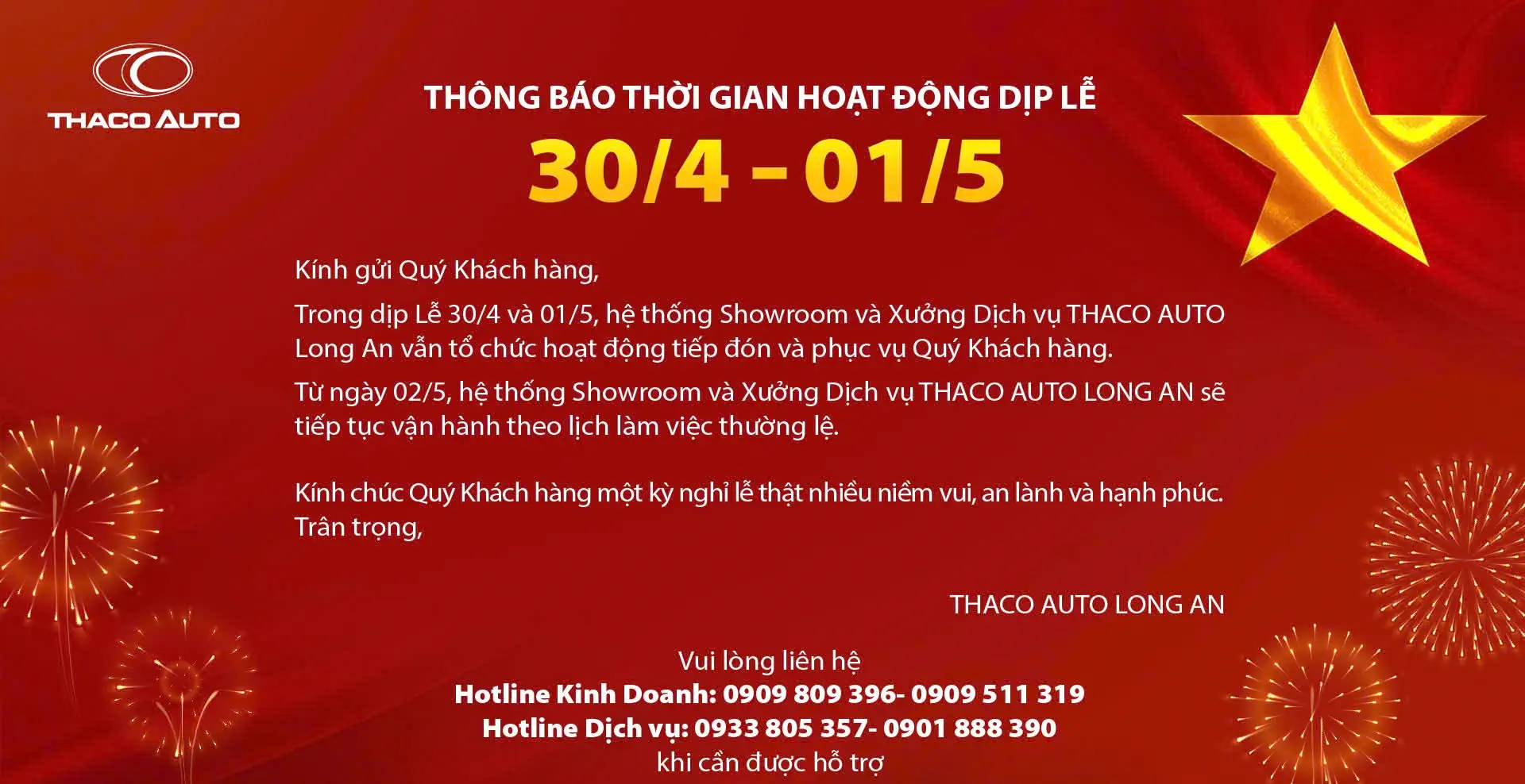 THÔNG BÁO THỜI GIAN HOẠT ĐỘNG DỊP LỄ 30/4 - 01/5