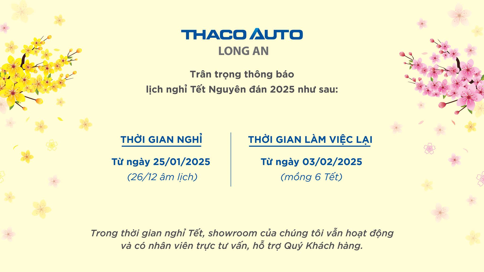 THACO AUTO Long An trân trọng thông báo lịch nghỉ Tết Nguyên Đán 2025